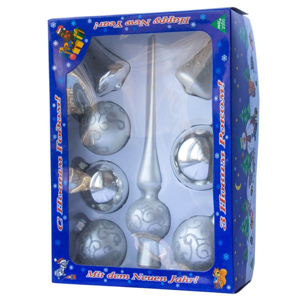 Набор елочных игрушек - шары с верхушкой, 8 шт, D6-8 см, серебристый, волны, стекло (390281-1) 390281-1 фото