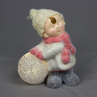 Декоративная светящаяся фигурка - Мальчик со снежком, 10,5x8x18 см, белый с розовым, магнезия (920135) 920135 фото