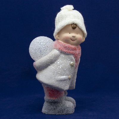 Декоративная светящаяся фигурка - Мальчик со снежком, 12,5x11,5x24,5 см, белый с розовым, магнезия (920173) 920173 фото