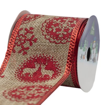 Декоративное украшение - ленточка в рулоне красная снежинка и олень, 3 м, 6,3 см, полиэстер (080594-1) 080594-1 фото