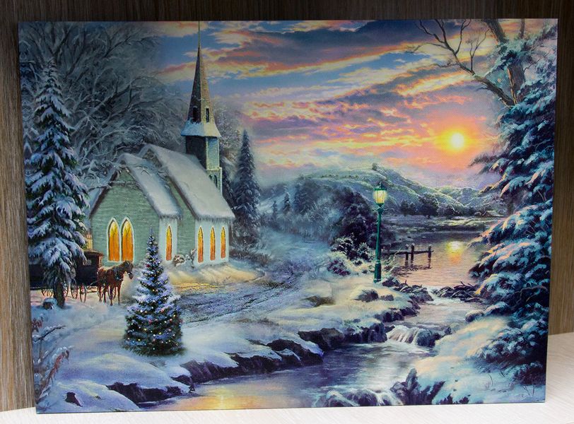 Картина, що світиться - зимовий будинок біля лісу з освітленими вікнами, 6 LЕD ламп, 30x40 см (940140) 940140 фото