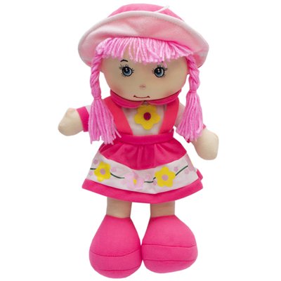 М'яка іграшка лялька з вишитим обличчям, 36 см, рожева сукня (860777) 860777 фото
