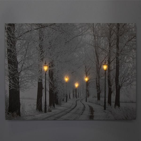 Светящаяся картина - зимний лес с уличными фонарями и заснеженной тропой, 5 LЕD ламп, 30x40 см (940157) 940157 фото