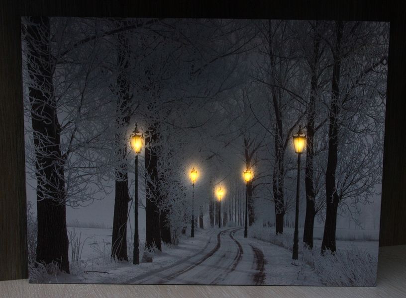 Светящаяся картина - зимний лес с уличными фонарями и заснеженной тропой, 5 LЕD ламп, 30x40 см (940157) 940157 фото