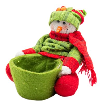 Мягкая новогодняя фигурка Снеговик с ведром, 18 см, зеленый, текстиль (000104) 000104 фото