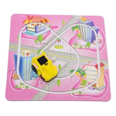 Іграшка заводна - рожевий трек-пазл Aohua з машинкою 4x3x2,5 см, 17x17 см, жовтий, пластик (8058B-5-5) 8058B-5-5 фото