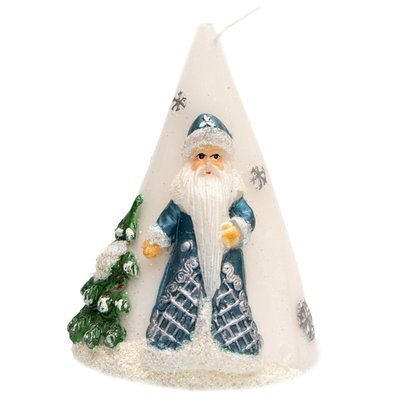 Свечка - Конус с рисунком Деда Мороза, 9x9x12 см, белый с синим, парафин (791255-1) 791255-1 фото