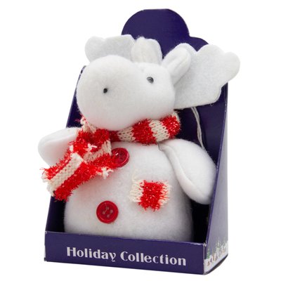 Ялинкова іграшка м'яка - Білий лось з червоним шарфом в смужку, 14 см, білий з червоним, текстиль (000029-12) 000029-12 фото
