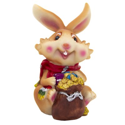 Декоративная фигурка - Кролик с шарфом и мешком монет, 12,5x7x6 см, бежевый, керамика (440252-2) 440252-2 фото