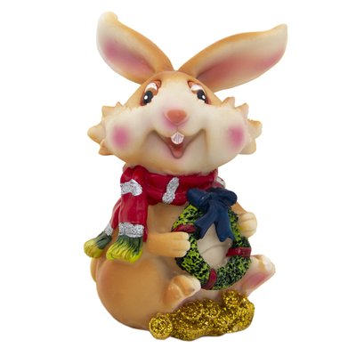 Декоративная фигурка - Кролик с шарфом и венком, 12,5x7x6 см, бежевый, керамика (440252-3) 440252-3 фото