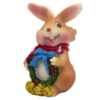 Декоративна фігурка - Кролик з шарфом та синім бантом, 3 см, бежевий, кераміка (440238-1) 440238-1 фото