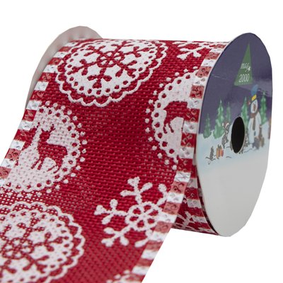 Декоративна прикраса - стрічка в рулоні червона з оленем та сніжинкою, 3 м, 6,3 см, поліестер (080556-7) 080556-7 фото