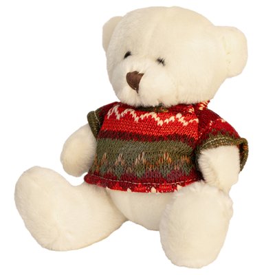 Мягкая игрушка - медвежонок в свитере, 15 см, белый, мех искусственный (395018) 395018 фото
