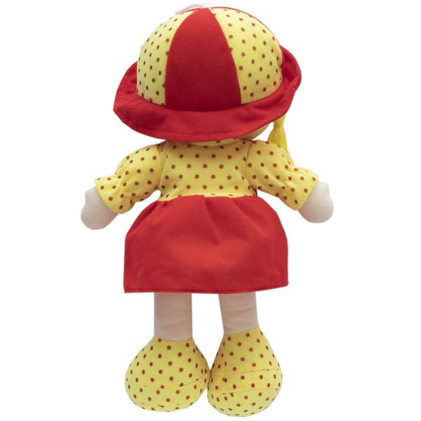 М'яка іграшка лялька з вишитим обличчям, 36 см, червона сукня (861095) 861095 фото