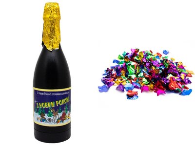Хлопушка пневматическая - шампанское "З НОВИМ РОКОМ", 30 см, разноцветные фигурки из фольги (400492-2) 400492-2 фото
