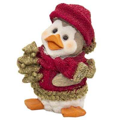 Декоративная фигурка - Пингвин в красной кофте с золотистой елкой, 20 см, белый с красным, полистоун (950774) 950774 фото