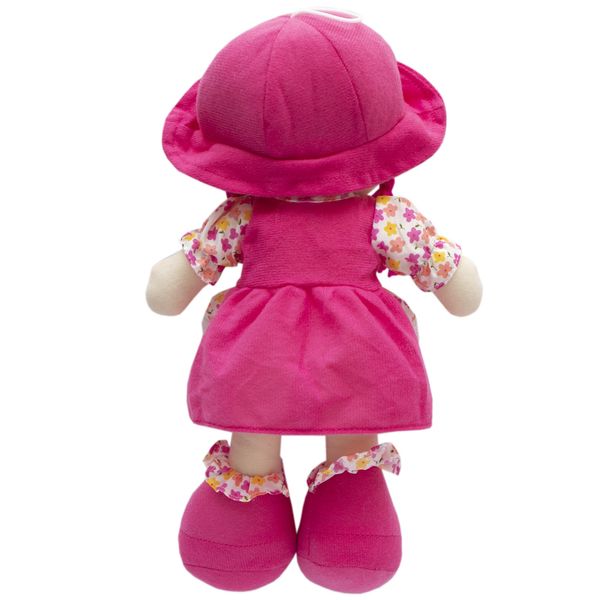 М'яка іграшка лялька з вишитим обличчям, 36 см, рожева сукня (861033) 861033 фото