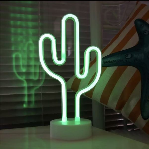 Неоновый светильник, Кактус на подставке, ночник, 30x14x8,5 см, зеленый свет, батарейки 3AA, USB (140656) 140656 фото