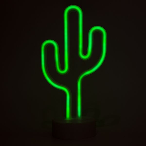 Неоновый светильник, Кактус на подставке, ночник, 30x14x8,5 см, зеленый свет, батарейки 3AA, USB (140656) 140656 фото