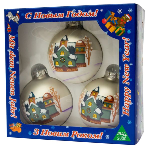 Набор елочных игрушек - шары с росписью, 3 шт, D8 см, серебристый, матовый, стекло (390427-1) 390427-1 фото