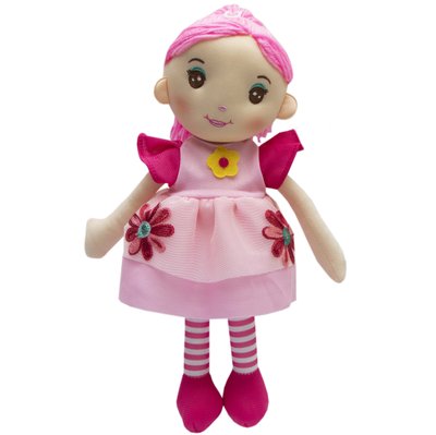 Мягкая игрушка кукла с вышитым лицом, 36 см, большой красный цветок, розовое платье (861071-1) 861071-1 фото