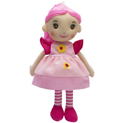 М'яка іграшка лялька з вишитим обличчям, 36 см, одна жовта квітка, рожева сукня (861071-3) 861071-3 фото