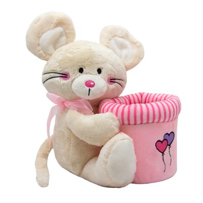 Мягкая игрушка - мышка с розовой корзиной, 20 см, бежевый, мех искусственный (C1812120-1) C1812120-1 фото