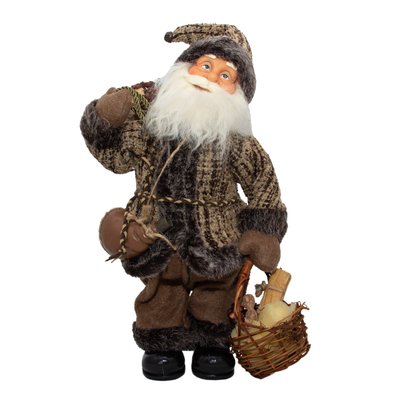 Новорічна інтерактивна фігурка Дід Мороз коричневий з подарунком та кошиком, музичний, 38 см (230143) 230143 фото