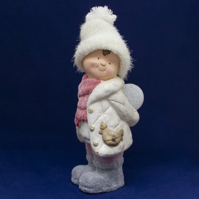 Декоративная светящаяся фигурка - Мальчик со снежком, 19,5x20x41 см, белый с розовым, магнезия (920159) 920159 фото