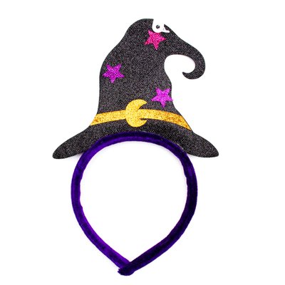 Карнавальная шляпа-обруч ведьмы со звездами, 11,5x24,5 см, черный, пластик, полиэстер (462650) 462650 фото