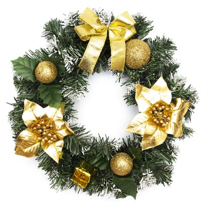 Венок рождественский, золотистый декор, 30 см, зеленый (930050) 930050 фото