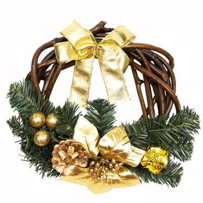 Різдвяний вінок з квіткою, золотистий декор, 20 см, зелений (930265) 930265 фото