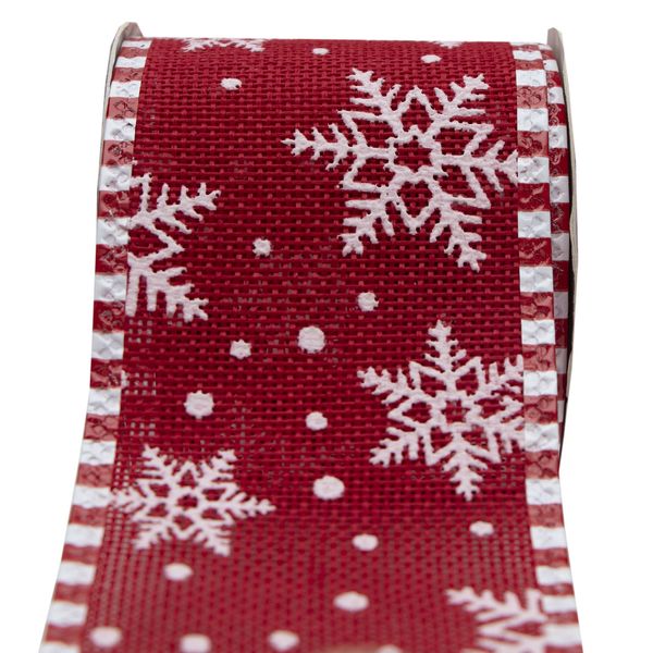 Декоративна прикраса - стрічка в рулоні червона зі сніжинкою, 3 м, 6,3 см, червоний, поліестер (080556-1) 080556-1 фото