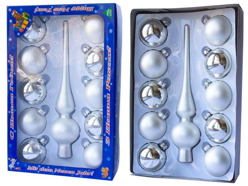 Набор елочных игрушек - шары с мини-верхушкой, 11 шт, D6 см, серебристый, микс, стекло (390182-1) 390182-1 фото