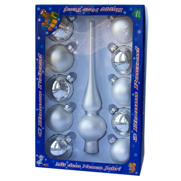 Набір ялинкових іграшок - кулі з верхівкою, 11 шт, D6 см, сріблястий, скло (390250-1) 390250-1 фото