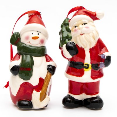 Набір ялинкових іграшок - Дід Мороз та сніговик на мотузці, 2 шт, 9 см, червоний, кераміка (440078-1) 440078-1 фото