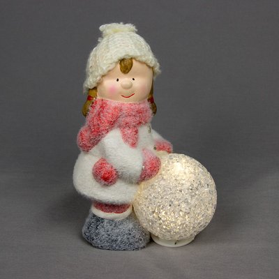 Декоративная светящаяся фигурка - Девочка со снежком, 10,5x8x18 см, белый с розовым, магнезия (920227) 920227 фото