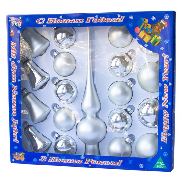Набор елочных игрушек - шары с верхушкой, 19 шт, D5-6 см, серебристый, стекло (390212-1) 390212-1 фото