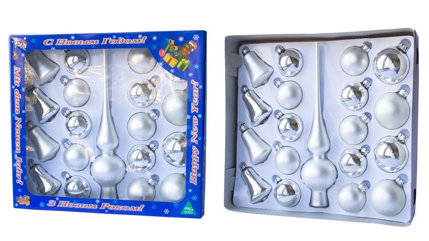 Набір ялинкових іграшок - кулі з верхівкою, 19 шт, D5-6 см, сріблястий, скло (390212-1) 390212-1 фото