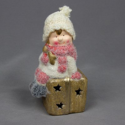 Декоративная светящаяся фигурка - Девочка с подарком, 8x6x15,5 см, белый с розовым, магнезия (920210) 920210 фото