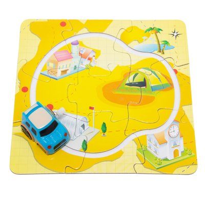 Игрушка заводная - желтый трек-пазл Aohua с машинкой 4x3x2,5 см, 17x17 см, голубой, пластик (8058B-5-2) 8058B-5-2 фото