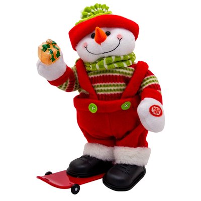 Новогодняя интерактивная фигурка Снеговик с подарочком на сноуборде, музыкальный, 28 см, красный (230259) 230259 фото