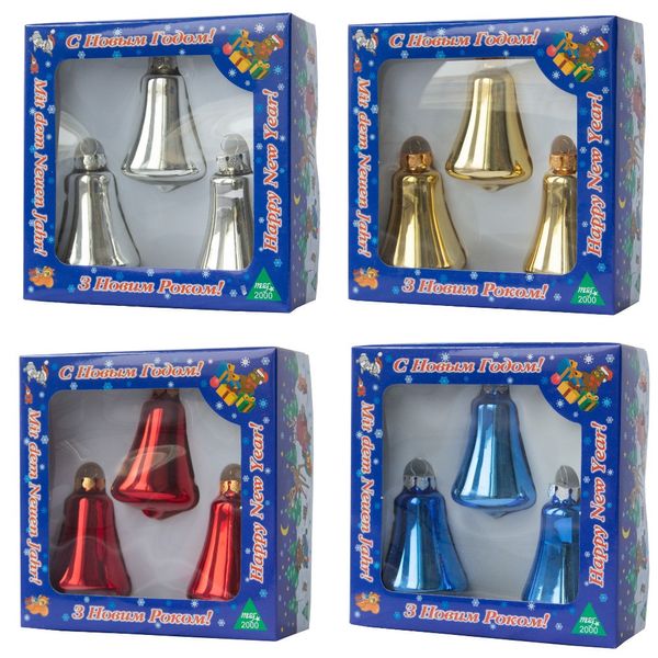 Набор елочных игрушек - колокольчики, 3 шт, 6 см, синий, стекло (390144-4) 390144-4 фото