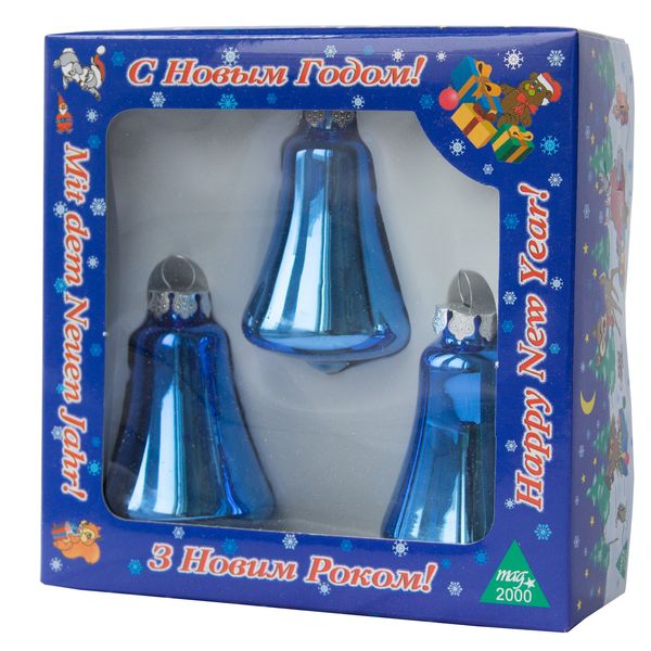 Набор елочных игрушек - колокольчики, 3 шт, 6 см, синий, стекло (390144-4) 390144-4 фото