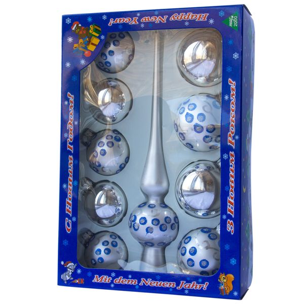 Набір ялинкових іграшок - кулі з верхівкою, 10 шт, сріблястий, в крапку, скло (390267-1) 390267-1 фото