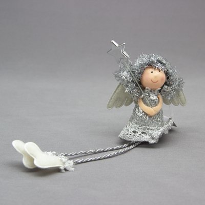 Новорічна ялинкова іграшка - фігурка Янголятко, 16 см, сріблястий, текстиль (220099) 220099 фото