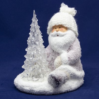 Декоративная светящаяся фигурка - Дед Мороз с елкой, 13x11x14 см, белый, магнезия (920234) 920234 фото