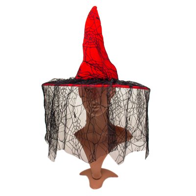Карнавальный колпак ведьмы с сеткой, 41,5x39 см, красный, пластик, полиэстер (462704) 462704 фото