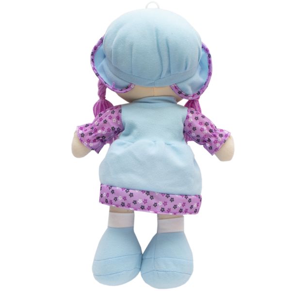 М'яка іграшка лялька з вишитим обличчям, 36 см, блакитна сукня (860814) 860814 фото