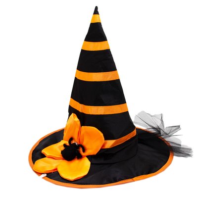 Карнавальный колпак ведьмы с пауком, 54-55 см, полиэстер, пластик, черно-оранжевая (462711) 462711 фото